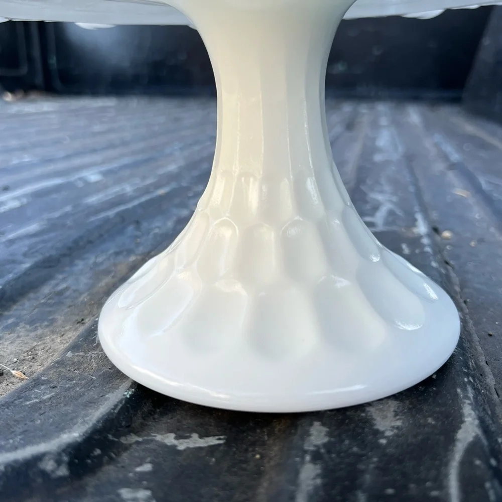 Vintage Milk Glass Cake Plate Pedestal Footed White Ruffles - Picture 4 of 6